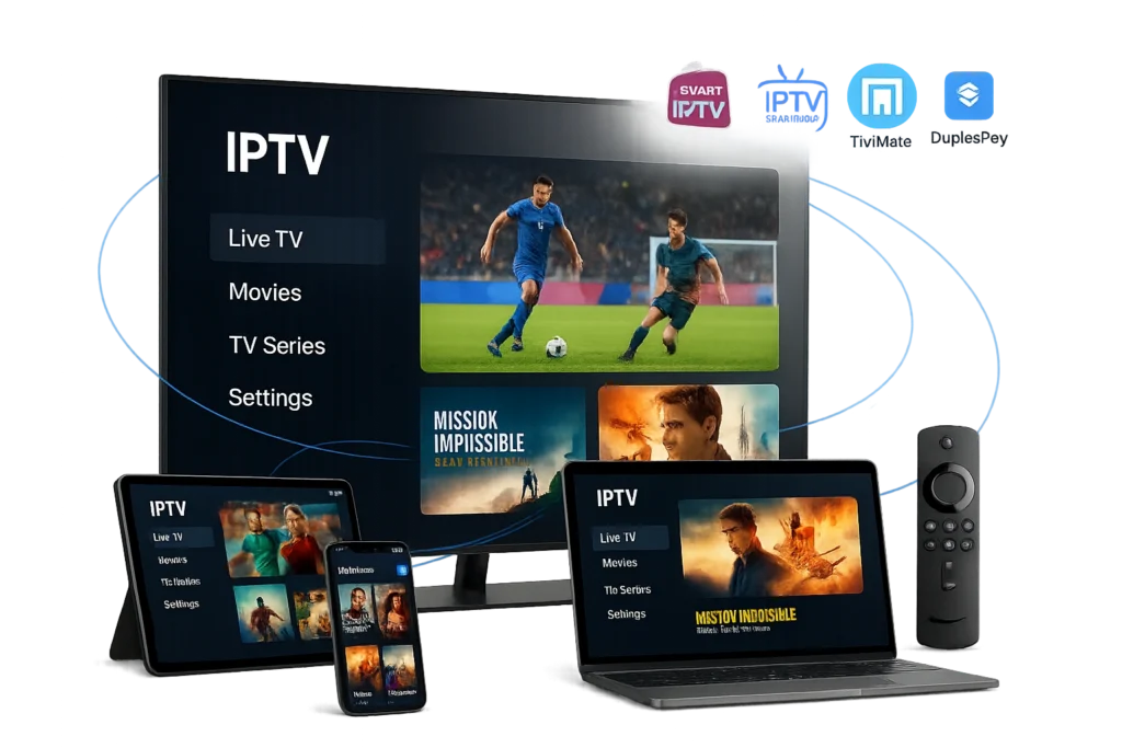 Image illustrant la compatibilité du service IPTV sur plusieurs appareils : Smart TV, ordinateur portable, tablette, smartphone et Fire Stick affichant une interface IPTV avec chaînes, films et séries. Logos des applications Smart IPTV, IPTV Smarters Pro, TiviMate et Duplex Play visibles, représentant une expérience 4K fluide et multi-écrans.
