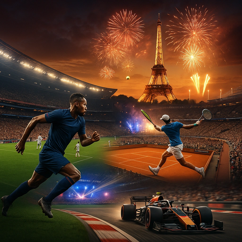Collage cinématique représentant les plus grands événements en France avec abonnement iptv pro: un stade rempli lors d’un match de football au Stade de France, un joueur de tennis sur le court de Roland-Garros, une voiture de Formule 1 au Grand Prix de Monaco et des feux d’artifice évoquant la Fête de la Musique. Image réaliste et dynamique illustrant la passion du sport et du divertissement français en 4K IPTV.